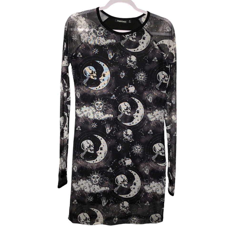 black & gray/ white Jawbreaker celestial print mesh mini dress NWOT